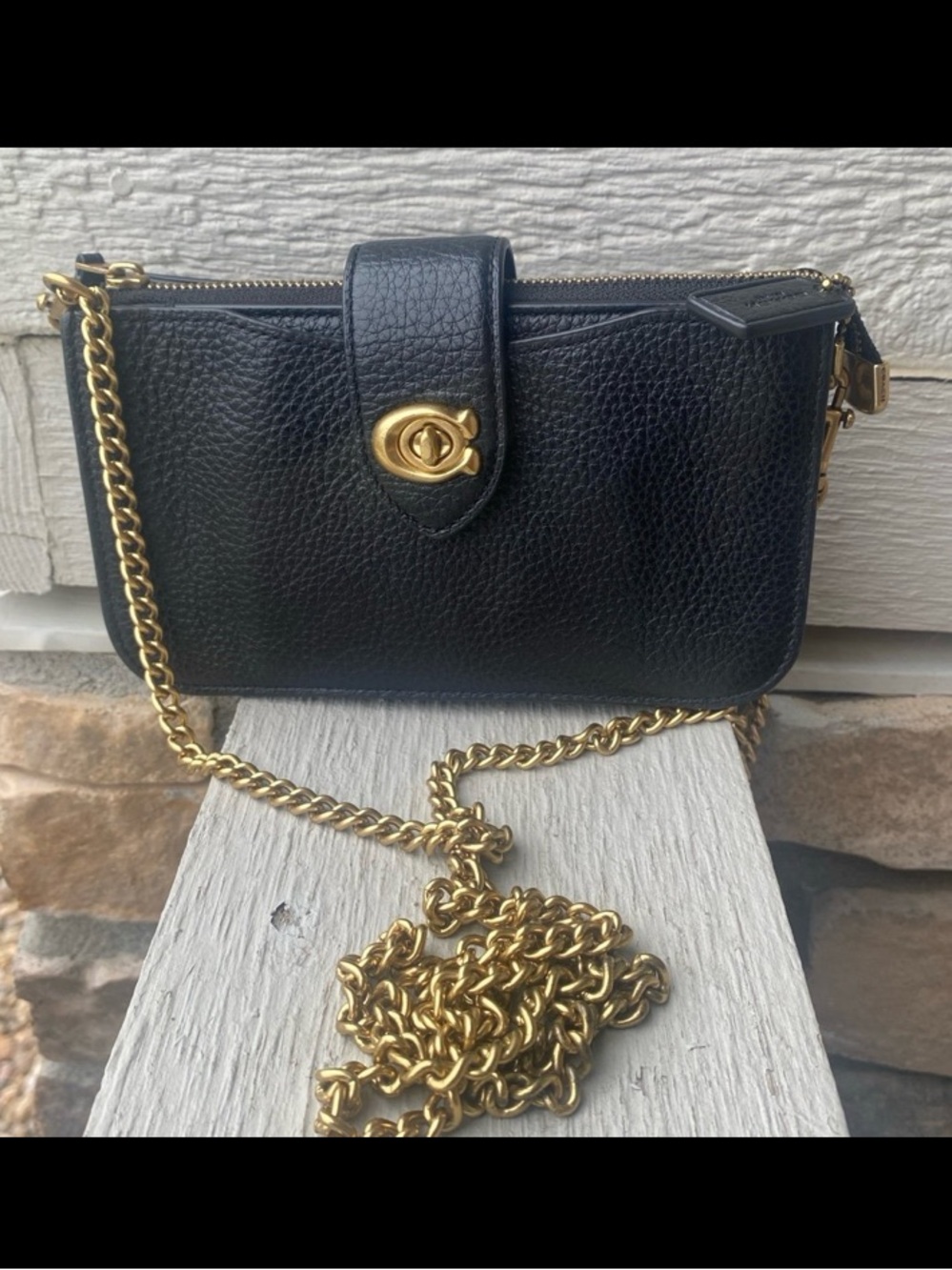 Coach Black Pebbled Leather Crossbody with Gold-Tone Chain Strap